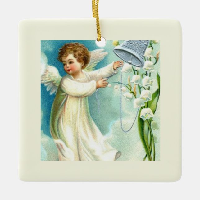 Baby Angel With Blue Bell  Ceramic Ornament (Front)