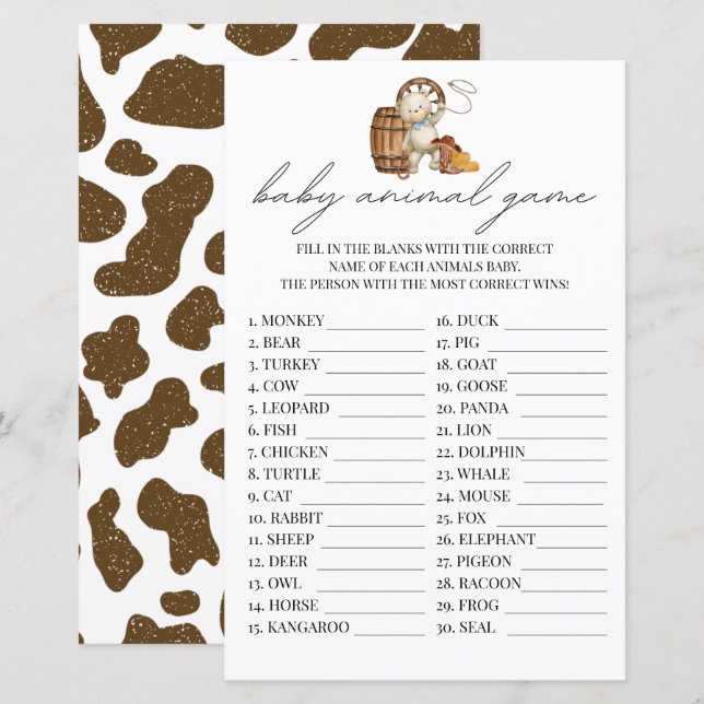 Baby Animal Game Little Cowboy Rustic Western (Front/Back)