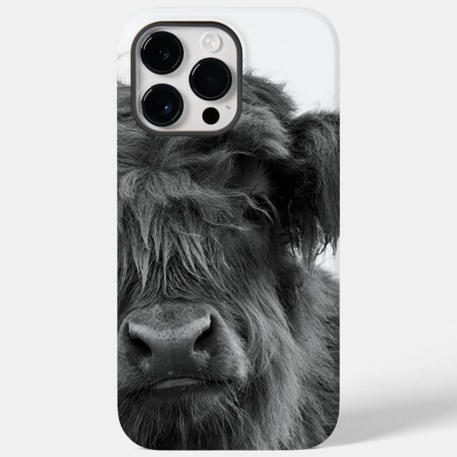 Baby animal highland cow portrait b/w phone case (Back)