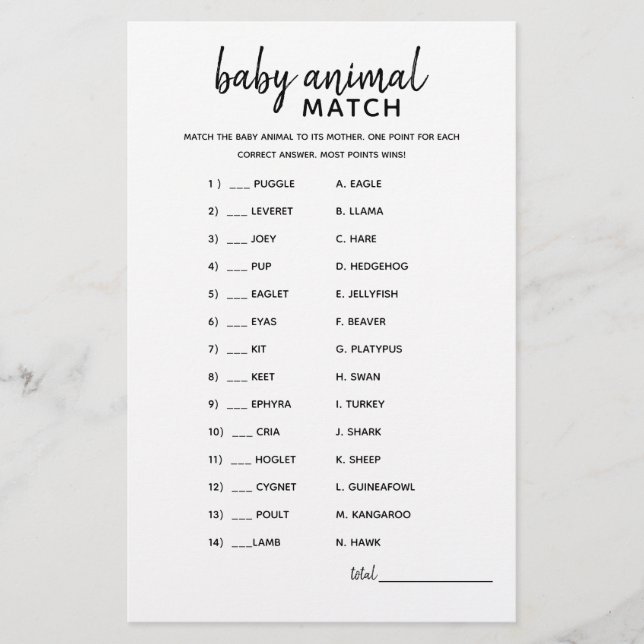 Baby Animal Match Minimalist Baby Shower Game (Front)