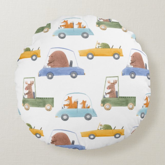 Baby animals: hand-drawn watercolor pattern. round pillow (Front)