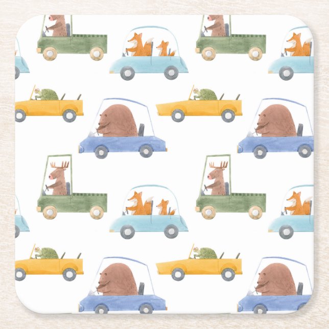 Baby animals: hand-drawn watercolor pattern. square paper coaster (Front)