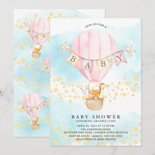 Baby Animals Hot Air Balloon Baby Boy Shower Invitation (Front/Back)
