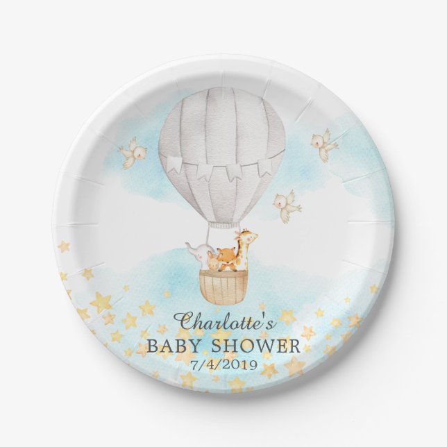 Baby Animals Hot Air Balloon Baby Shower 7" Plate (Front)