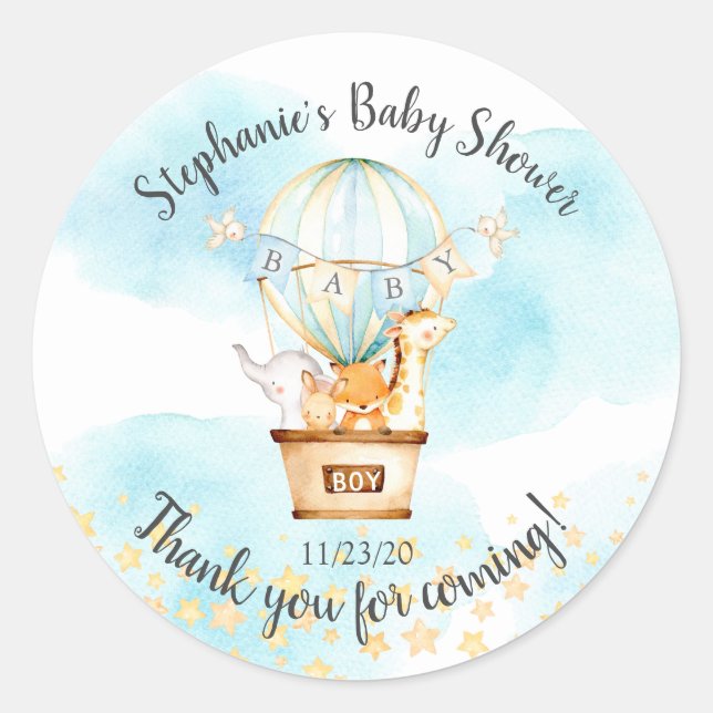 Baby Animals Hot Air Balloon Baby Shower Favour Classic Round Sticker (Front)