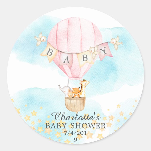 Baby Animals Hot Air Balloon Ride Baby Shower Classic Round Sticker (Front)