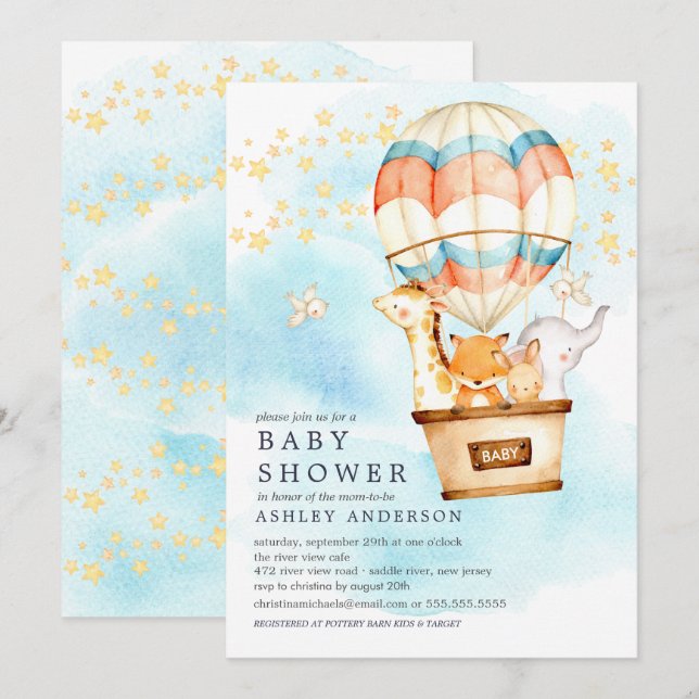 Baby Animals Hot Air Balloon Ride Baby Shower Invitation (Front/Back)