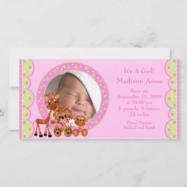 Baby Animals PHOTO Girl Birth Announcement (Front)