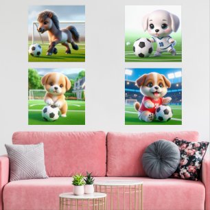 Baby Animals Playing Football Soccer Wall Art Set