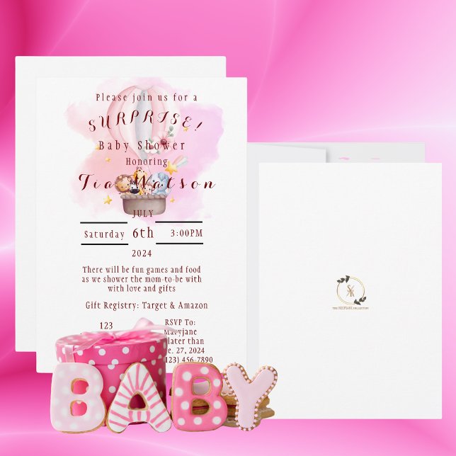 Baby Animals Safari In Pink Hot Air Balloon Invitation (Creator Uploaded)