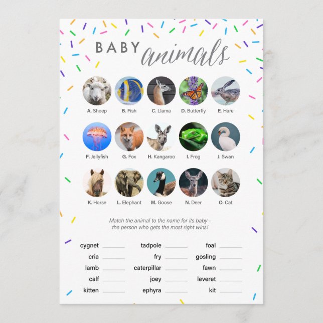 Baby Animals Shower Game Card - Sprinkles Themed (Front)