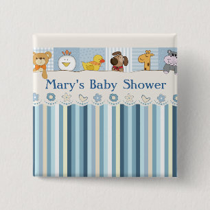 Baby Animals & Stripes Blue Baby Shower 2 Inch Square Button