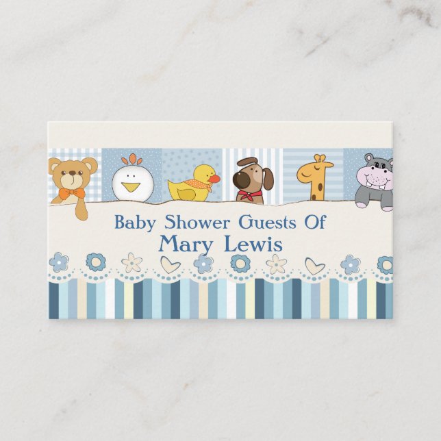 Baby Animals & Stripes Blue Baby Shower Place Card (Front)
