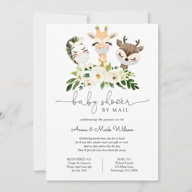 Baby Animals with Masks Baby Shower by Mail Invitation (Front)
