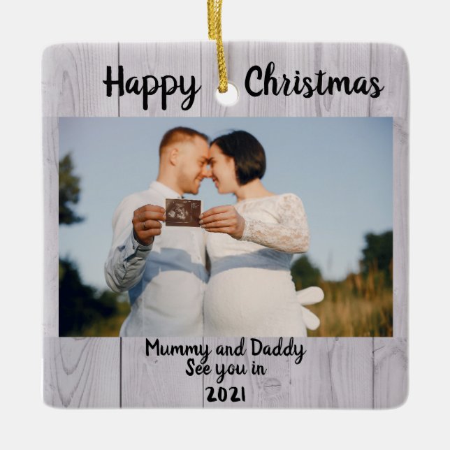 Baby Announcement, 2 photo Pregnancy, expecting Ceramic Ornament (Front)
