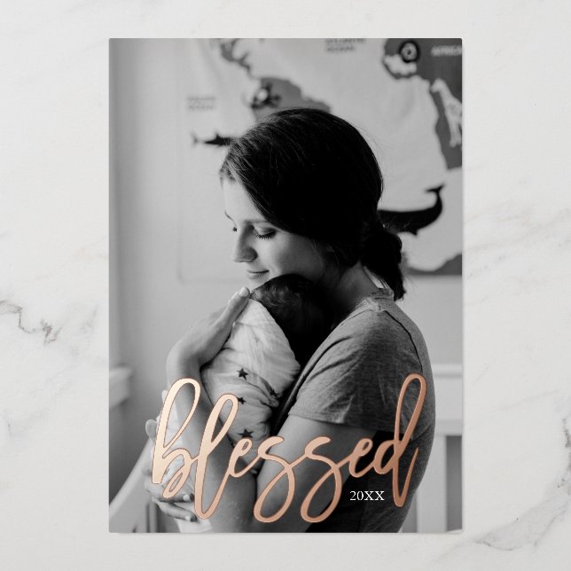 Baby Announcement Foil Blessed Holiday Card (Front)