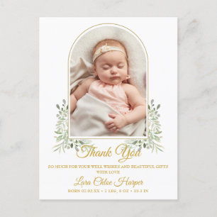 Baby Arch Photo Greenery Gold Thank You Birth  Announcement Postcard