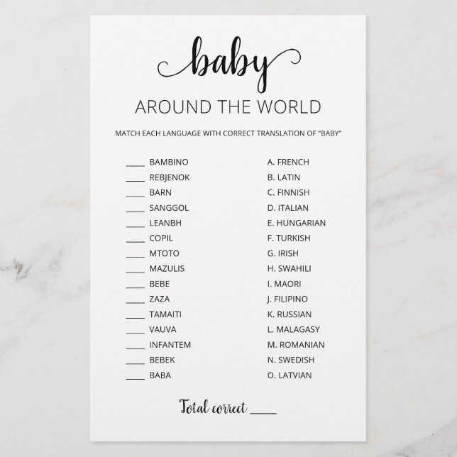 Baby Around the World with Answers Baby Shower (Front)