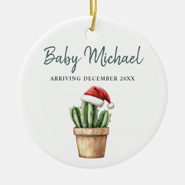 Baby Arriving Pregnancy Announcement Keepsake Ceramic Ornament (Front)