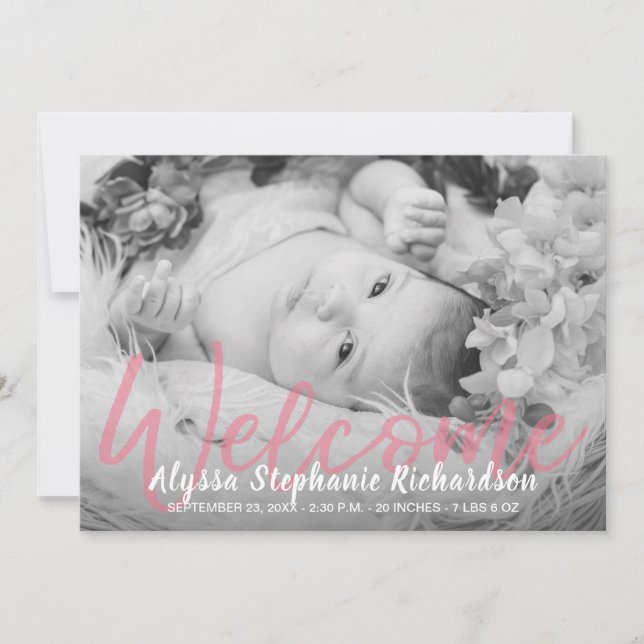 Baby B&W Pink Photo Welcome Birth Announcement (Front)