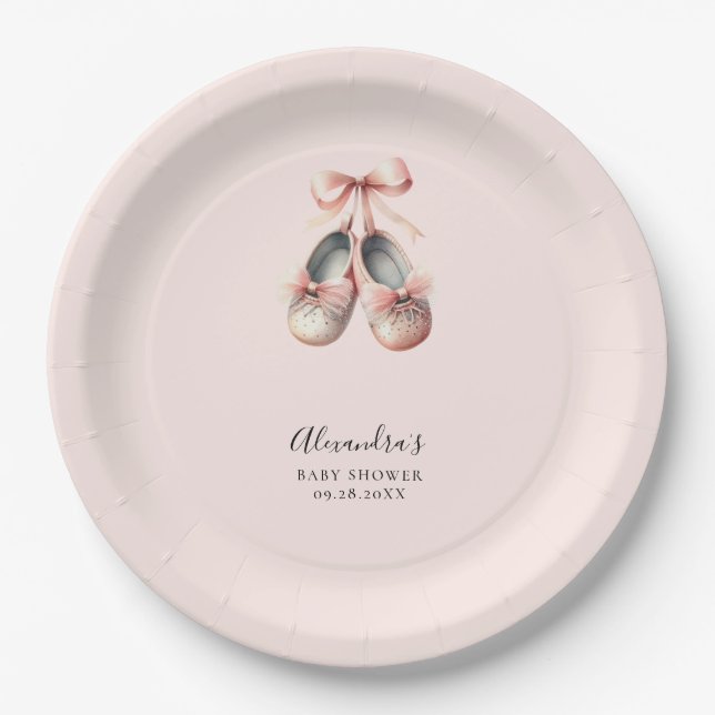 Baby Ballerina Shoes Pink Bow Gold Girl Shower Paper Plate (Front)