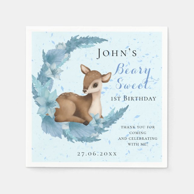Baby Bambi & Flowers moon Dust blue Birthday  Napkin (Front)