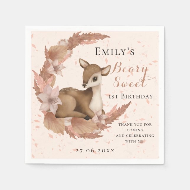 Baby Bambi & Flowers moon Dust Pink Birthday Napkin (Front)