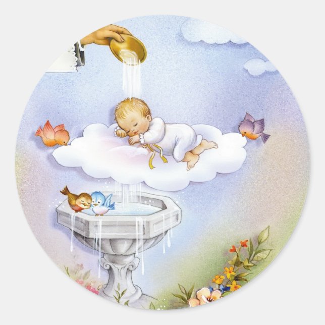 Baby baptism christening invitation card classic round sticker (Front)