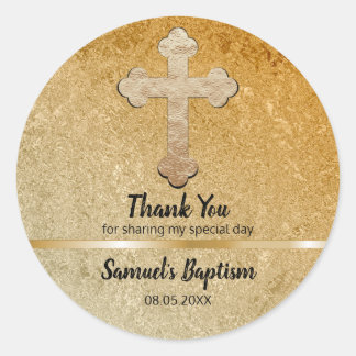 Baby Baptism Favour | Thank You Elegant Gold Cross Classic Round Sticker