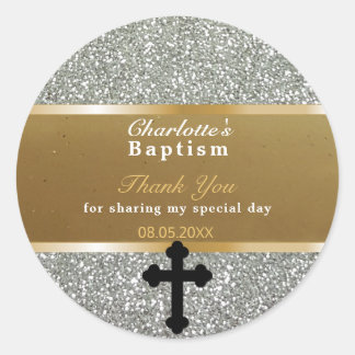 Baby Baptism Favour | Thank You Elegant Gold Silve Classic Round Sticker