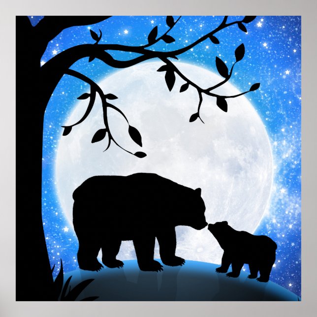 Baby bear and mom moon silhouette under the stars  poster (Front)