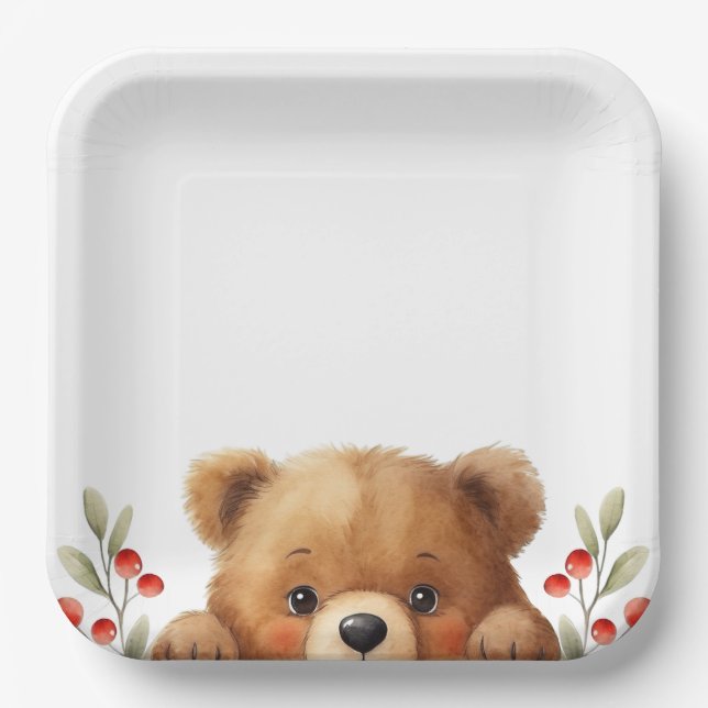 Baby Bear And Rowan Berries Baby Shower Paper Plate (Front)
