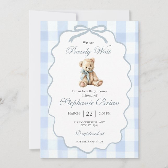 Baby Bear Baby Shower Invitation Editable Pale Blu (Devant)