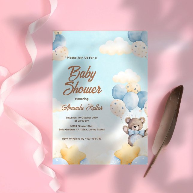 Baby Bear Balloon Baby Shower Invitation (Creator Uploaded)