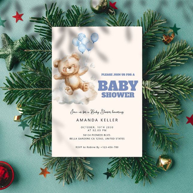 Baby Bear Be Happy Balloons Cloud Baby Shower Invitation (Creator Uploaded)