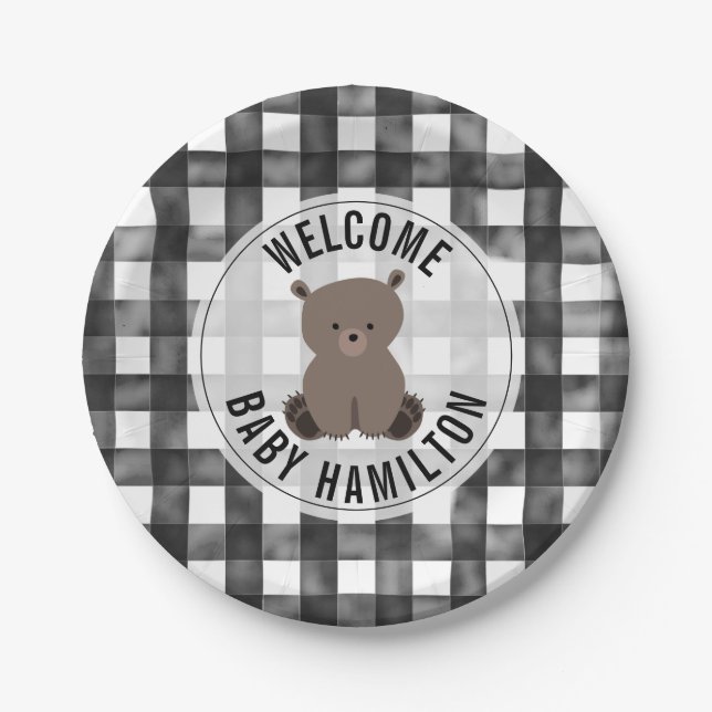 Baby Bear Black + White Gingham Baby Shower Paper Plate (Front)