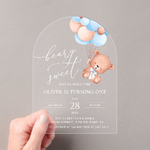 Baby Bear, Blue Balloons, First Birthday Acrylic Invitations