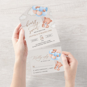 Baby Bear, Blue Balloons, First Birthday All In One Invitation