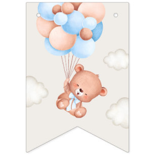 Baby Bear, Blue Balloons, First Birthday Bunting Flags