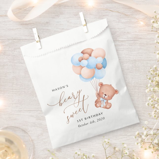 Baby Bear, Blue Balloons, First Birthday Favour Bag (Clipped)