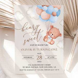 Baby Bear, Blue Balloons, First Birthday Invitation