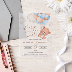 Baby Bear, Blue Balloons, First Birthday Vellum Invitations