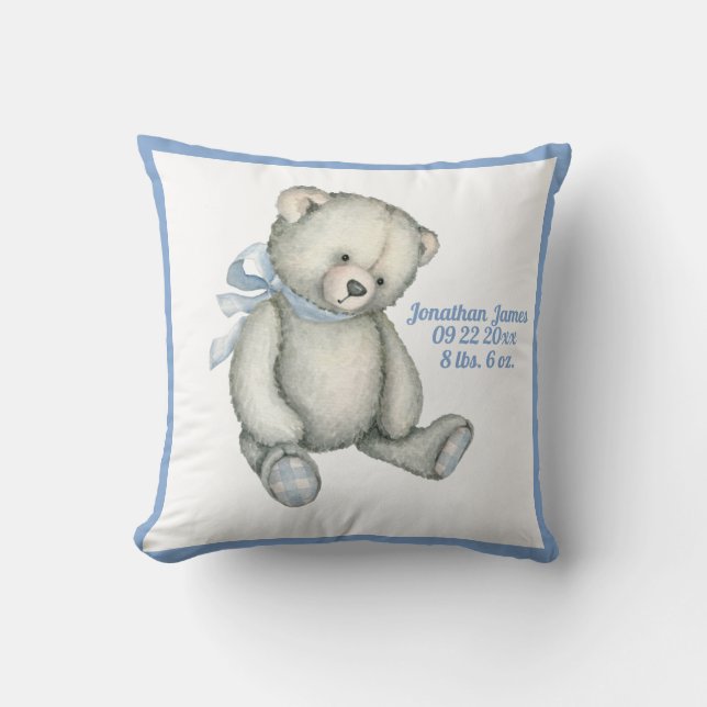 Baby Bear Blue Ribbon Watercolor Baby Boy Vintage Throw Pillow (Front)