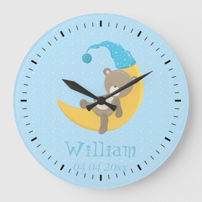 Baby Bear Blue Sleeping On The Moon II Large Clock (Front)