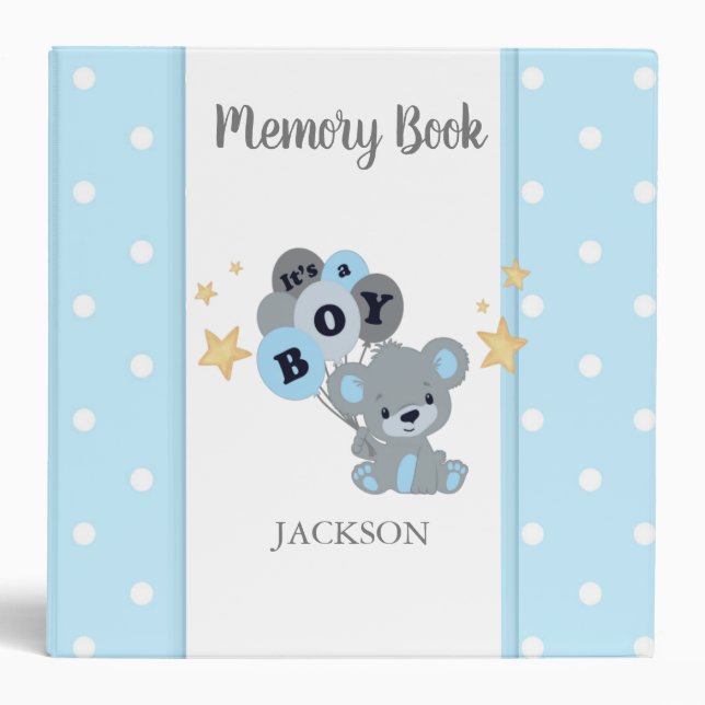 Baby Bear Blue White It's A Boy Memory Book Binder (Front)