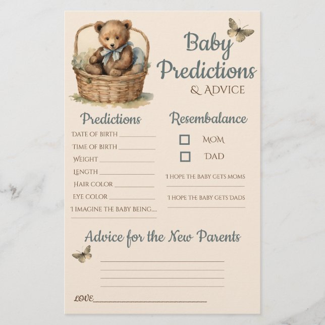 Baby Bear Boy Baby Predictions Carte conseil (Devant)
