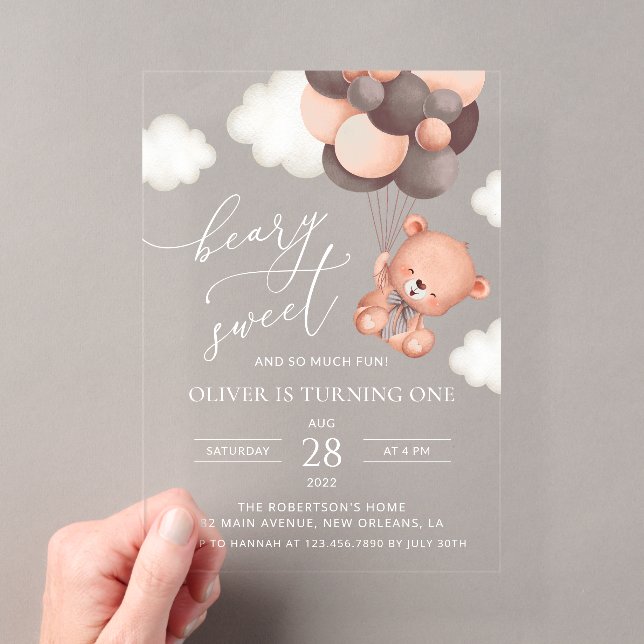 Baby Bear, Brown Balloons, First Birthday Acrylic Invitations (Insitu (Handheld))