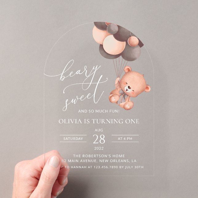 Baby Bear, Brown Balloons, First Birthday Acrylic Invitations (Insitu (Handheld))