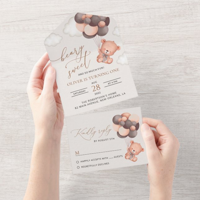 Baby Bear, Brown Balloons, First Birthday All In One Invitation (Tearaway)