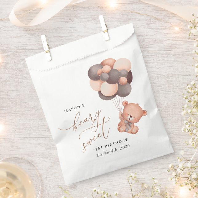 Baby Bear, Brown Balloons, First Birthday Favour Bag (Clipped)
